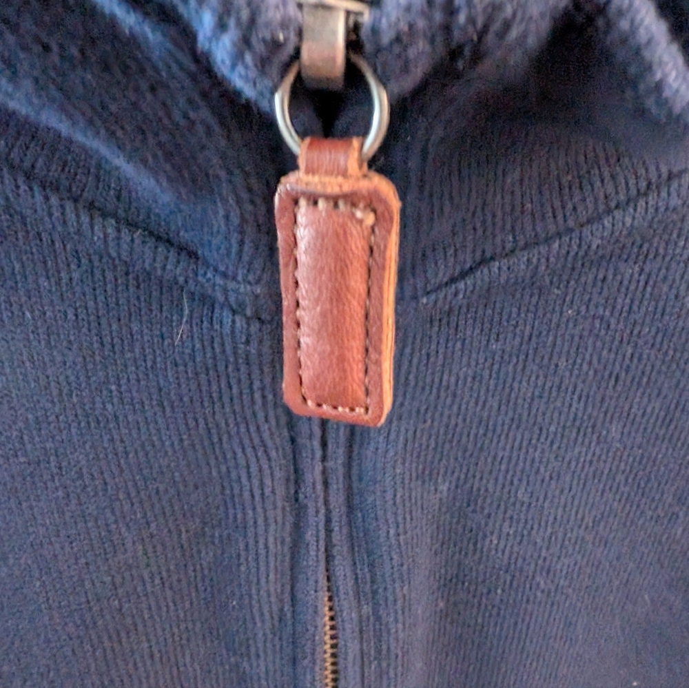 Polo Ralph Lauren Men's Navy Blue 1/4 Zip Cotton Sweater Leather Pull Size L - Picture 2 of 3